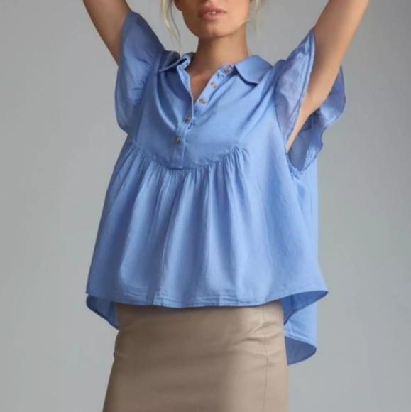 Pilcro Tops - Pilcro Anthropologie Womens Flutter Sleeve Babydoll Top in Blue Sz Small Cotton